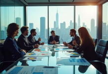 Groupe de professionnels en réunion dans un bureau moderne