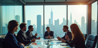 Groupe de professionnels en réunion dans un bureau moderne