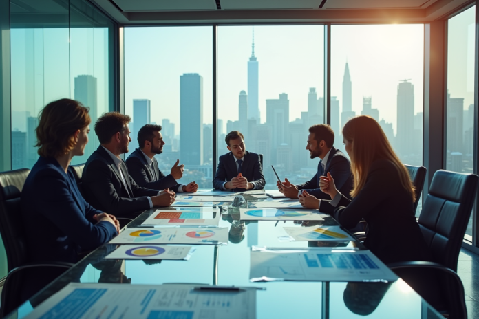 Groupe de professionnels en réunion dans un bureau moderne