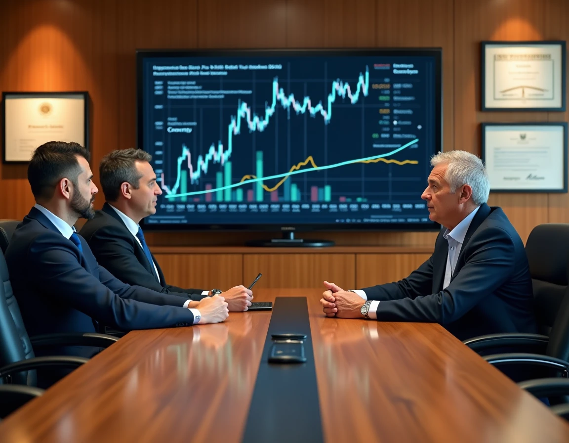 Équipe de professionnels de la finance analysant l'historique et les leçons boursières d'une société de crédit spécialisée en salle de conseil