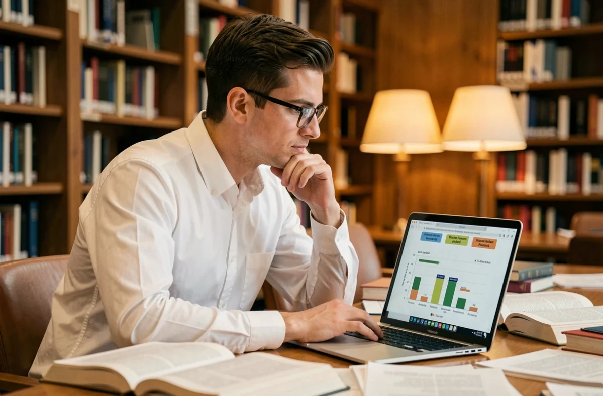 Jeune homme étudiant comparant niveaux d'études et courbe salariale sur ordinateur en bibliothèque universitaire
