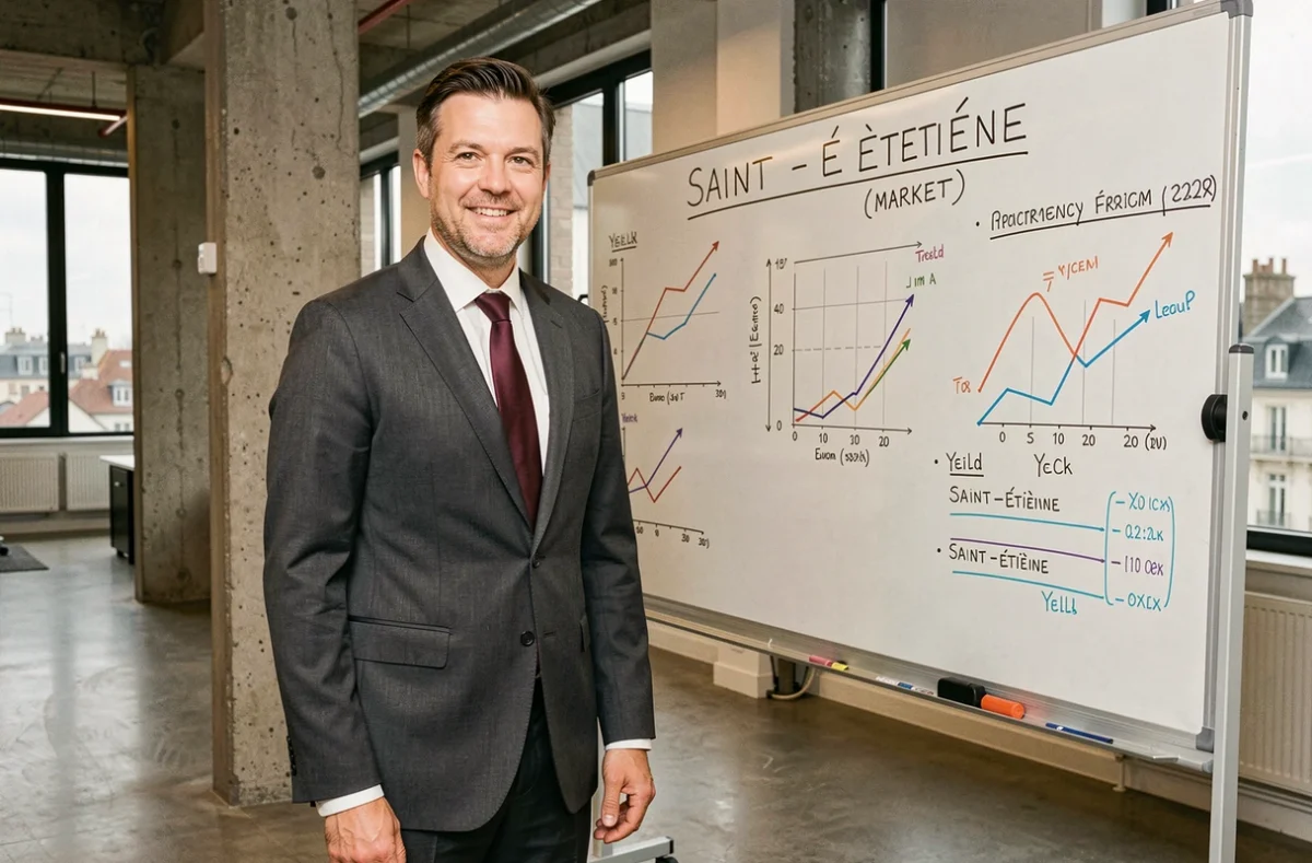 Conseiller d'Eurex Saint-Étienne devant un tableau d'analyse du marché immobilier de Saint-Étienne