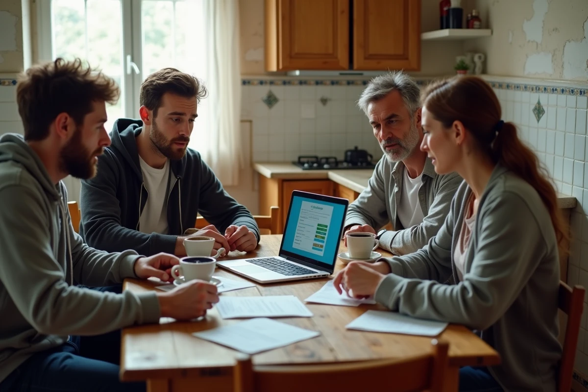 Groupe de Français autour d'une table examinant des fiches de paie et un calculateur de salaire, représentant le revenu médian et les inégalités salariales