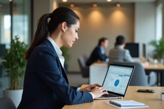 Femme d'affaires consultant un tableau de bord bancaire sur ordinateur portable pour sécuriser ses encaissements clients