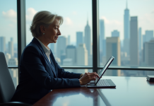 Gestion financière mondiale : qui détient les cordons de la bourse ? Femme d'affaires en costume regardant des graphiques financiers