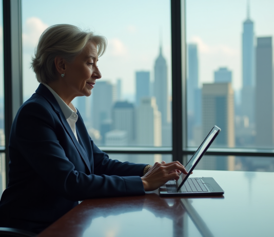 Gestion financière mondiale : qui détient les cordons de la bourse ? Femme d'affaires en costume regardant des graphiques financiers