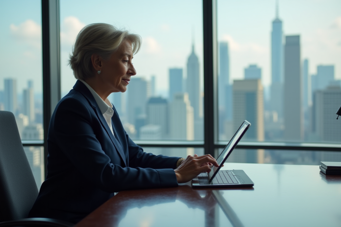 Femme d'affaires en costume regardant des graphiques financiers