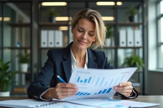 Femme d'affaires examinant des graphiques financiers dans un bureau