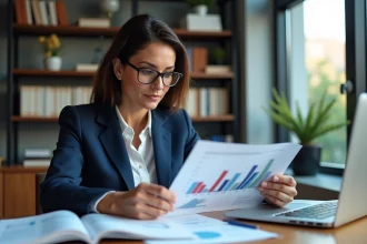 Femme en costume lisant un graphique financier dans un bureau