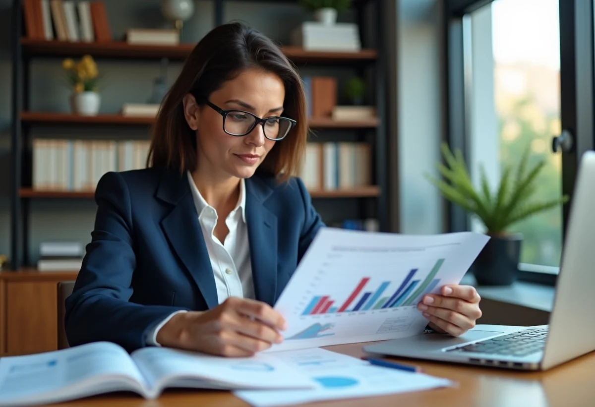 Femme en costume lisant un graphique financier dans un bureau