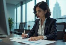 Marge EBITDA : définition, calcul et importance en finance Femme d'affaires lisant des documents financiers dans un bureau
