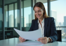 Femme d'affaires souriante dans un bureau moderne