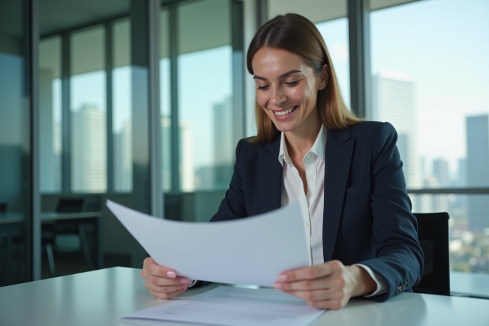 Femme d'affaires souriante dans un bureau moderne