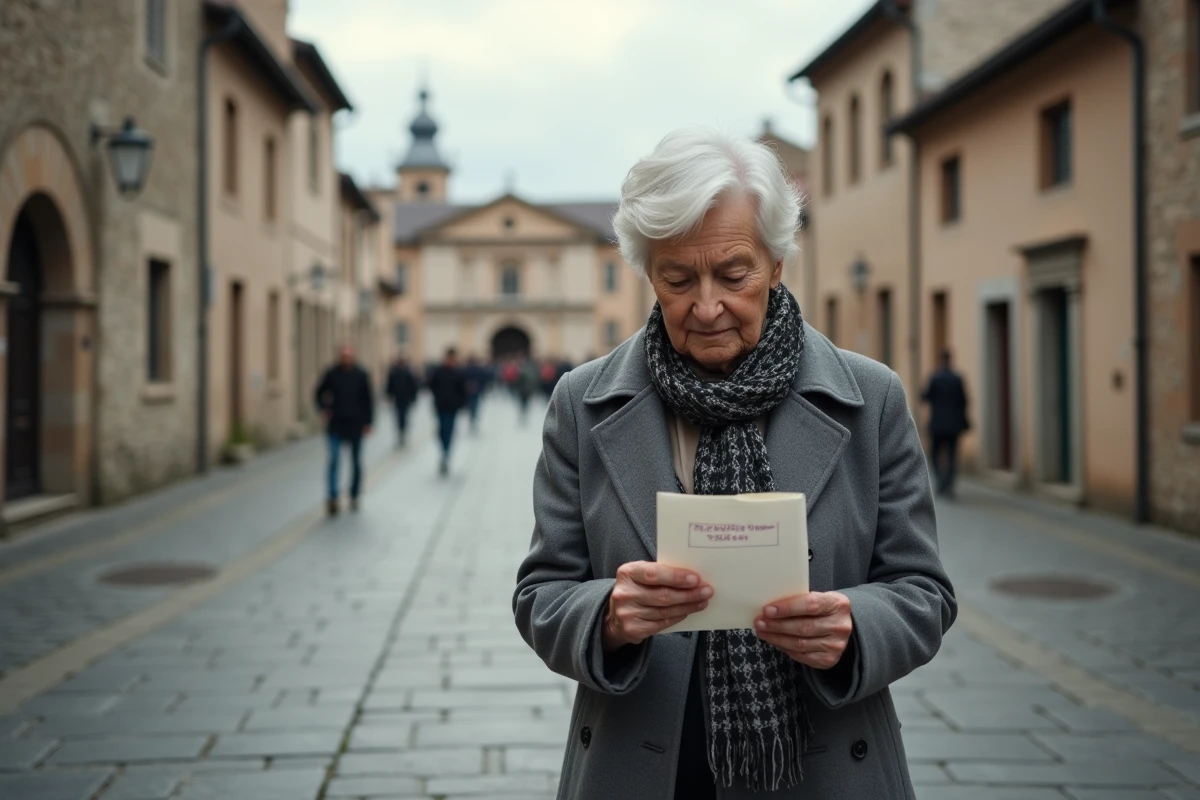 Femme ancienne maire marchant dans la place du village