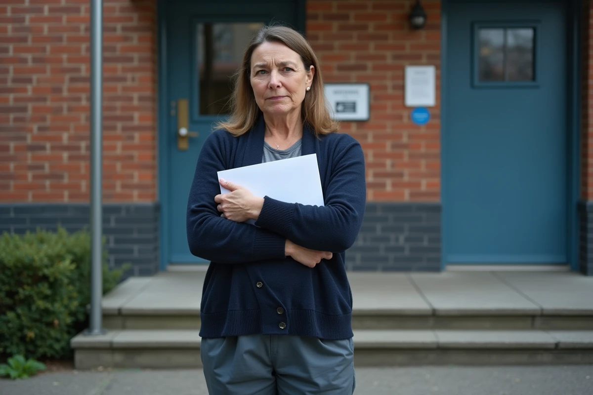 Femme debout devant un bureau social avec une enveloppe à la main