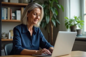Femme d'âge moyen utilisant son ordinateur pour accéder à sa banque en ligne dans un bureau calme