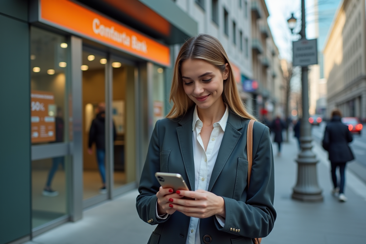Jeune femme dans une rue de ville utilisant son smartphone