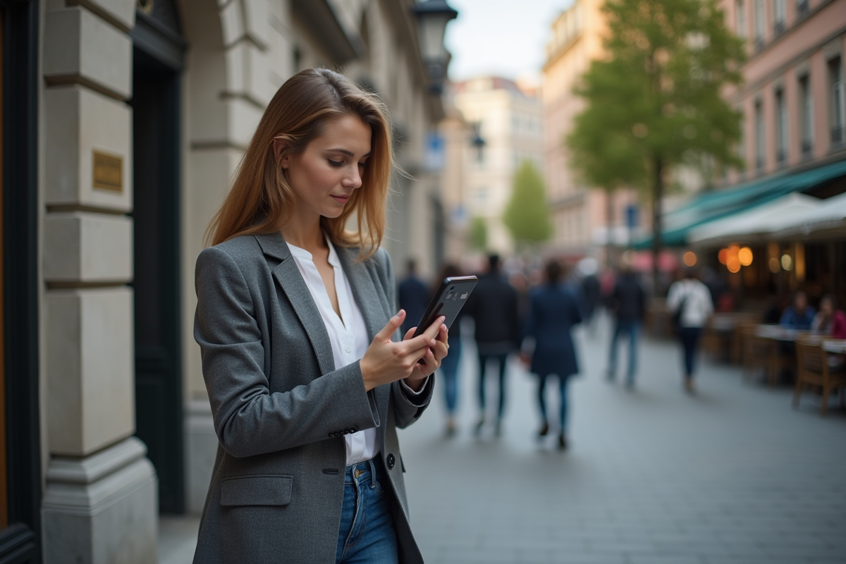 Jeune femme regardant un graphique boursier sur smartphone devant banque