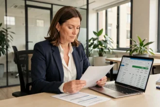 Femme cadre consultant son compte épargne salariale CIC sur ordinateur portable au bureau