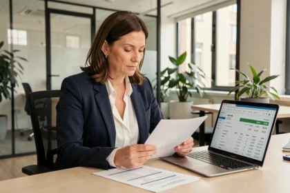 Femme cadre consultant son compte épargne salariale CIC sur ordinateur portable au bureau