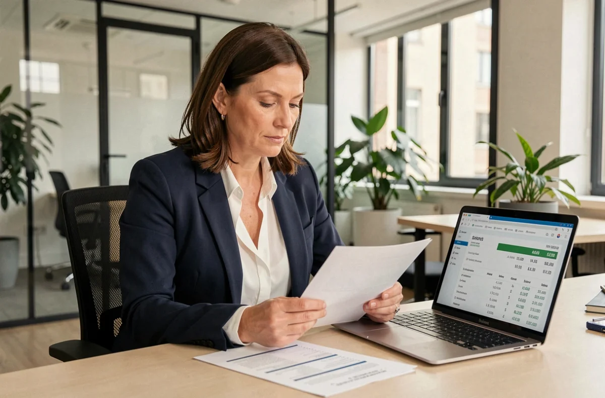 Femme cadre consultant son compte épargne salariale CIC sur ordinateur portable au bureau