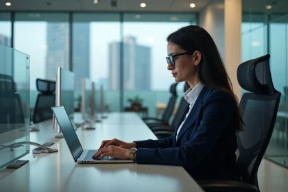 Femme en costume informatique travaillant sur un ordinateur