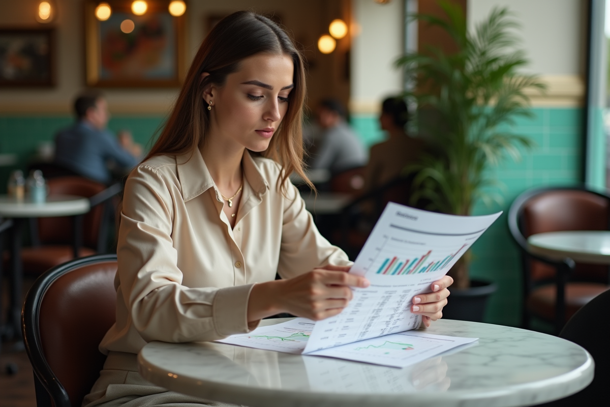 Femme analysant des documents financiers dans un café animé