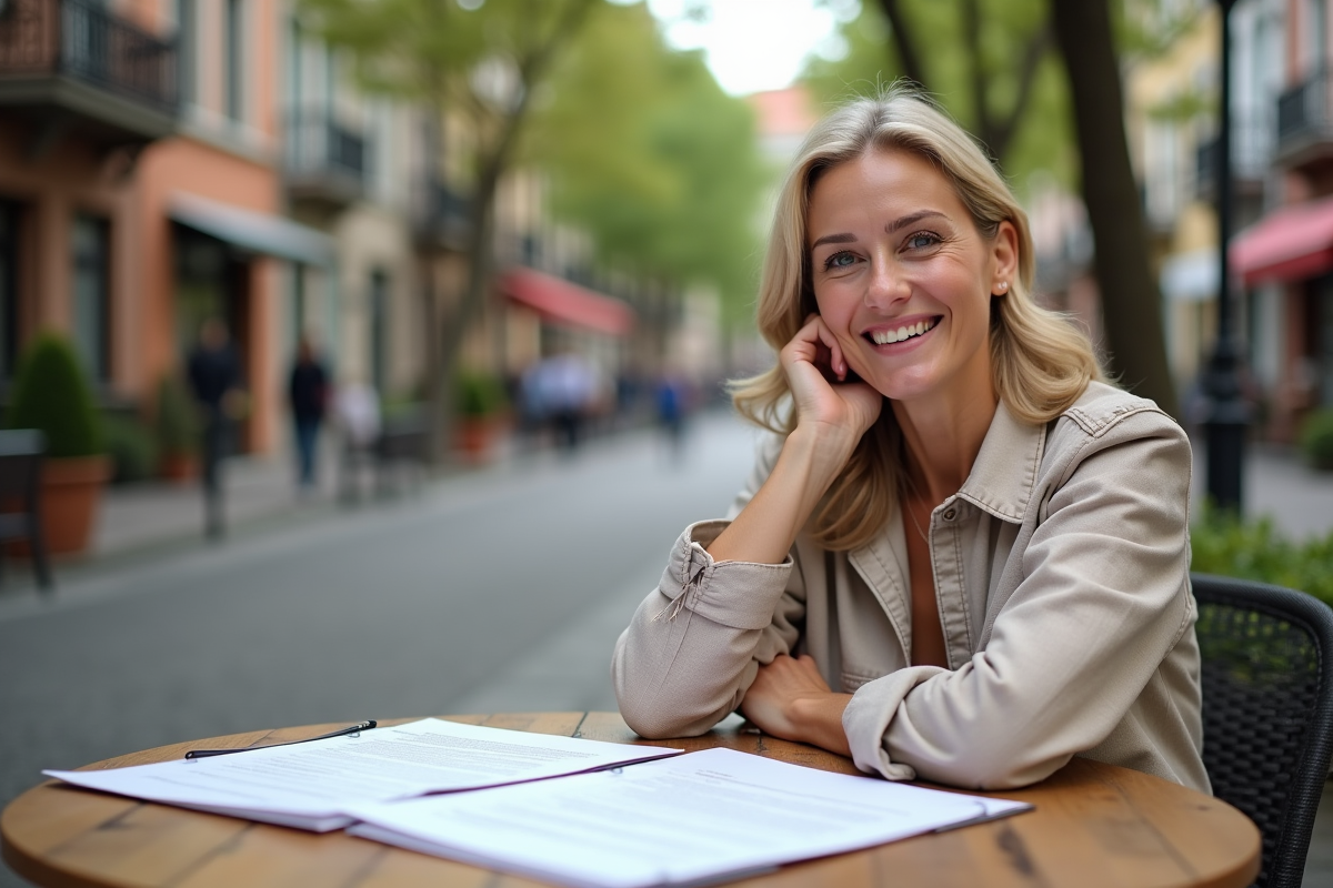 Femme souriante assise au café avec contrats immobiliers
