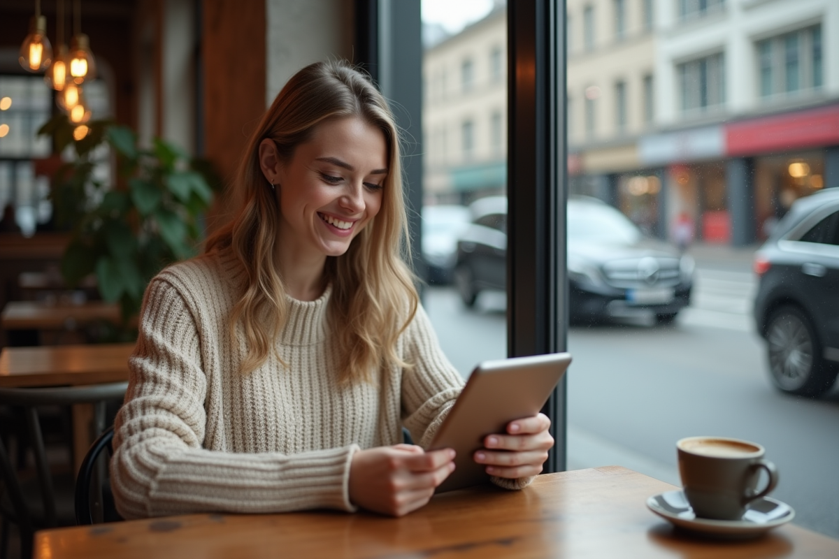 Jeune femme dans un café regardant son relevé bancaire sur tablette