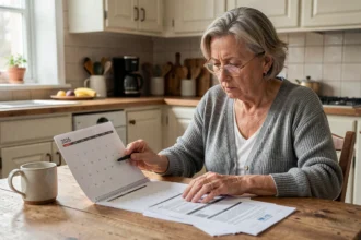 Femme consultant un calendrier 2026 et des documents de pension d'invalidité à une table de cuisine