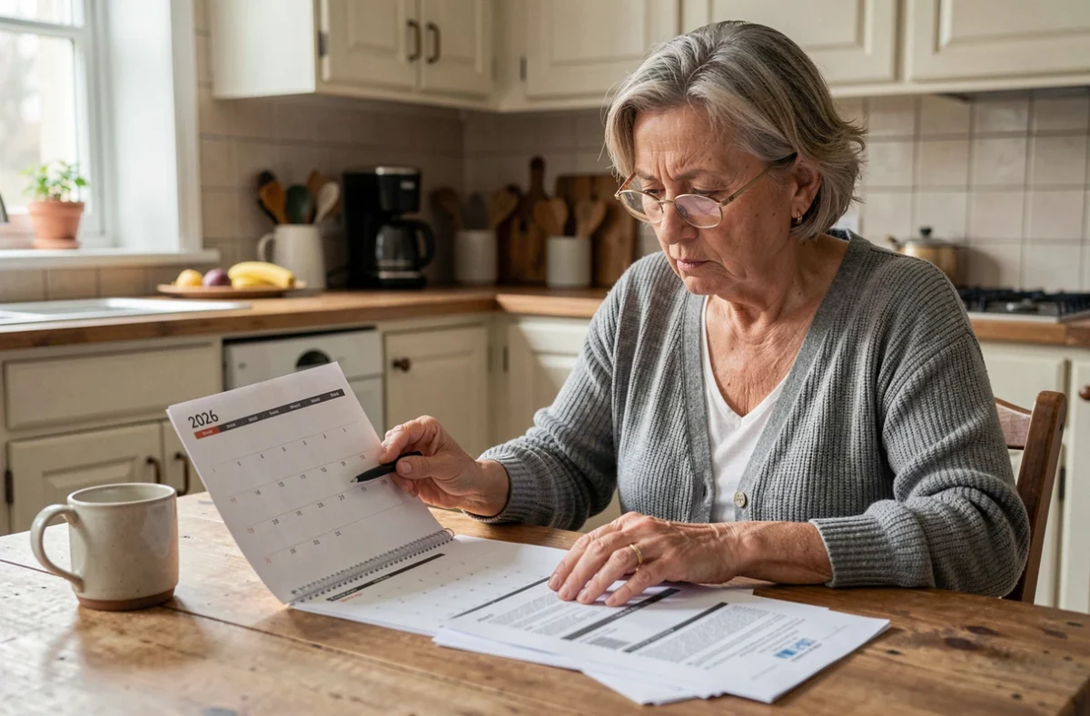 Femme consultant un calendrier 2026 et des documents de pension d'invalidité à une table de cuisine