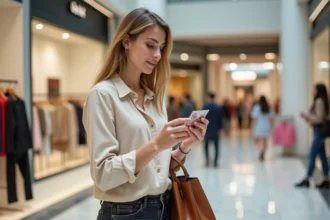 Femme tenant une carte cadeau Kadéos dans une galerie marchande moderne en 2026