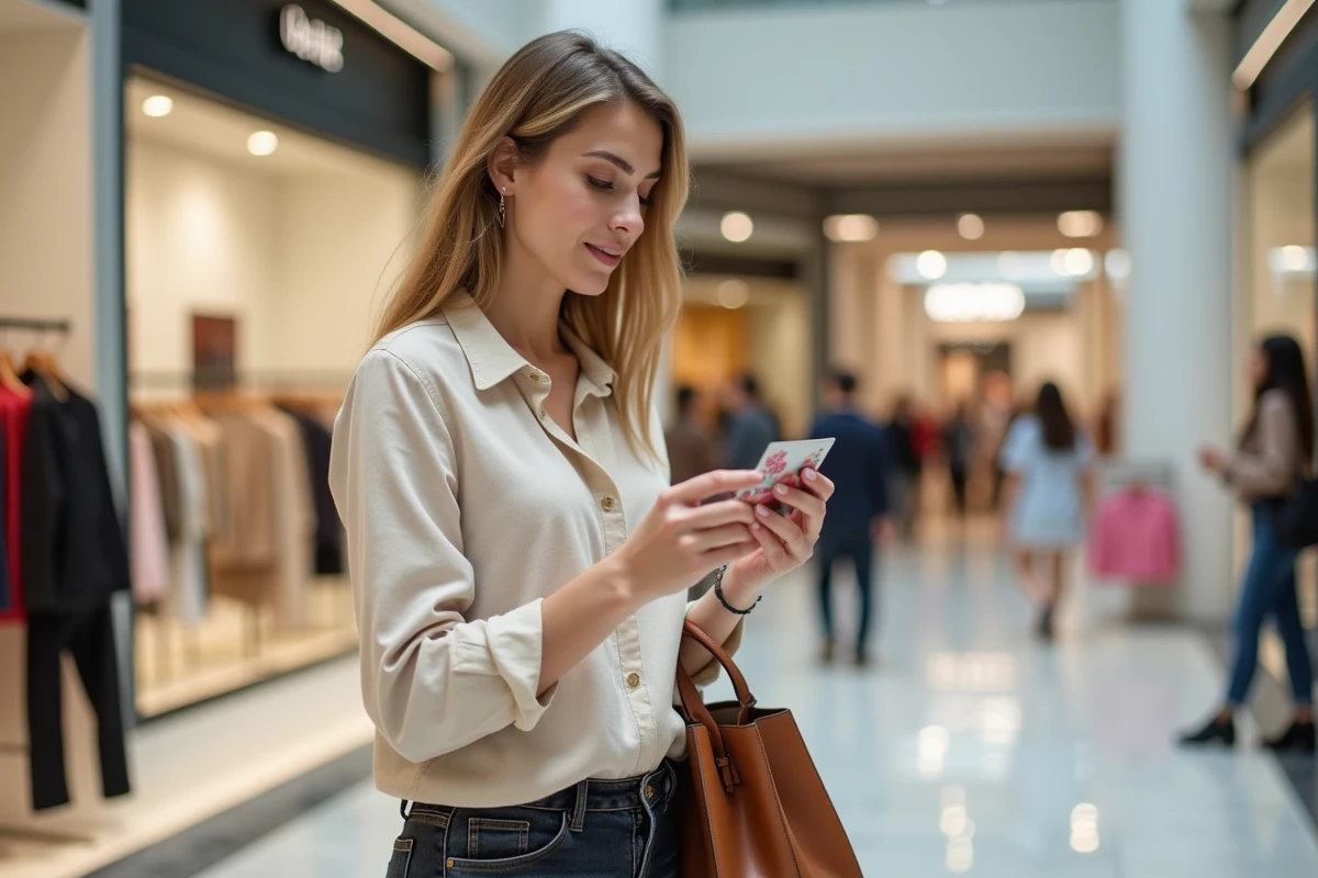 Femme tenant une carte cadeau Kadéos dans une galerie marchande moderne en 2026