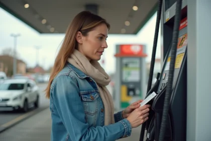 Femme utilisant un chèque vacances essence à une pompe de station-service moderne en France