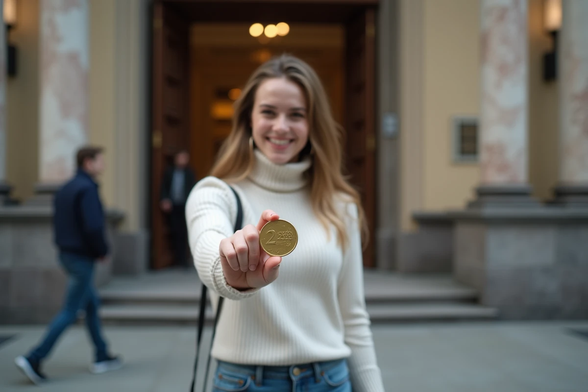 Jeune femme fière tenant une pièce euro 2026 devant un bâtiment