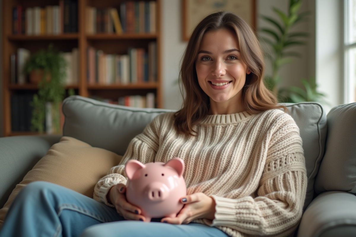 Femme souriante avec tirelire dans un salon chaleureux