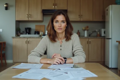 Femme concentrée examinant des papiers à la maison