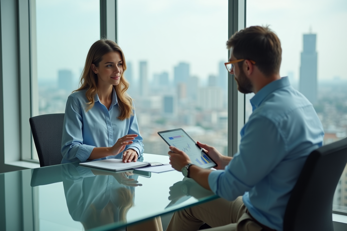Jeune femme rencontrant un conseiller financier dans une banque moderne
