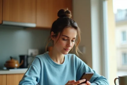 Femme consultant son espace client bancaire sur smartphone dans une cuisine moderne
