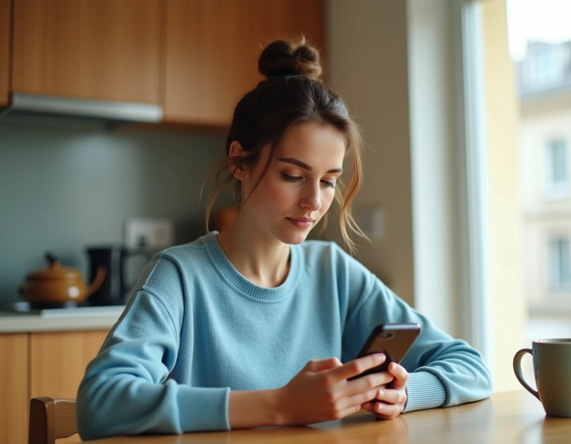 Femme consultant son espace client bancaire sur smartphone dans une cuisine moderne