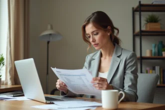 Femme consultant son relevé bancaire à son bureau à domicile, cherchant à comprendre un libellé inconnu