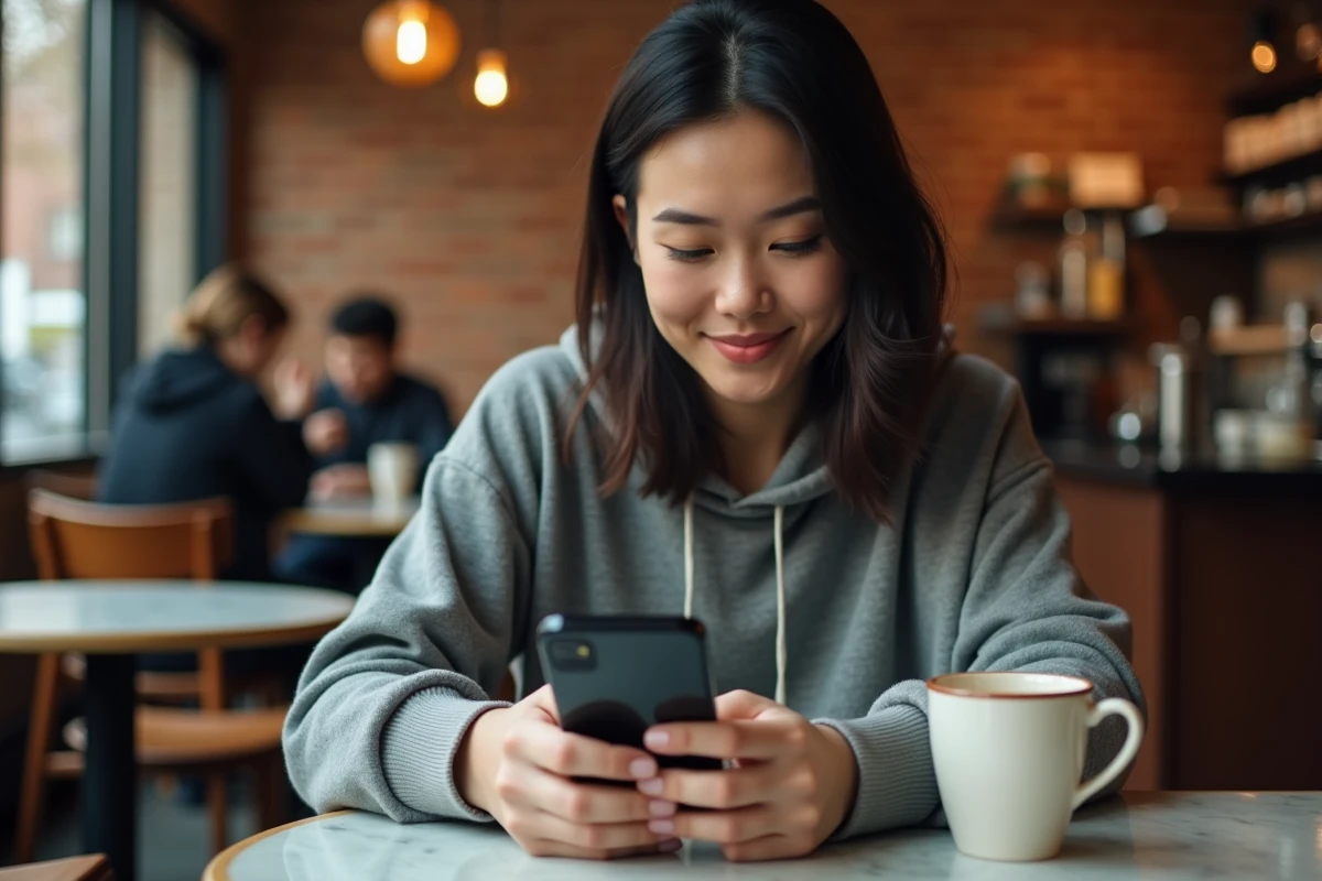 Femme consultant son portefeuille de crypto-monnaies sur l'application eToro dans un café