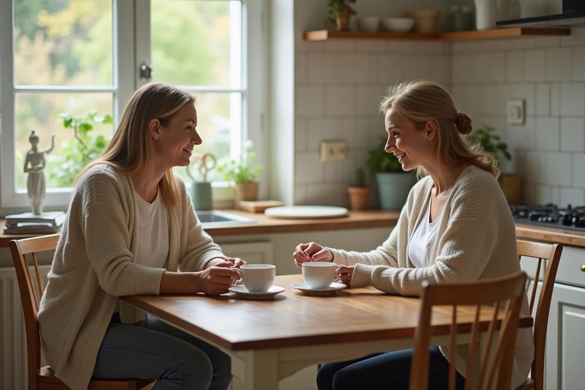 Jeune femme discutant avec une proche à la cuisine chaleureuse