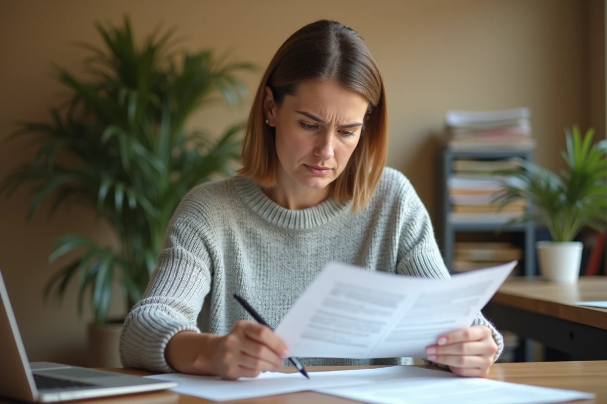 Femme consultant des documents administratifs Cesu Urssaf à son bureau à domicile pour régulariser une déclaration en retard