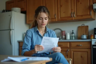 Jeune femme étudie son bulletin de salaire à la maison