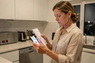 Femme consultant sa facture EDF et les horaires heures creuses sur smartphone dans une cuisine moderne la nuit