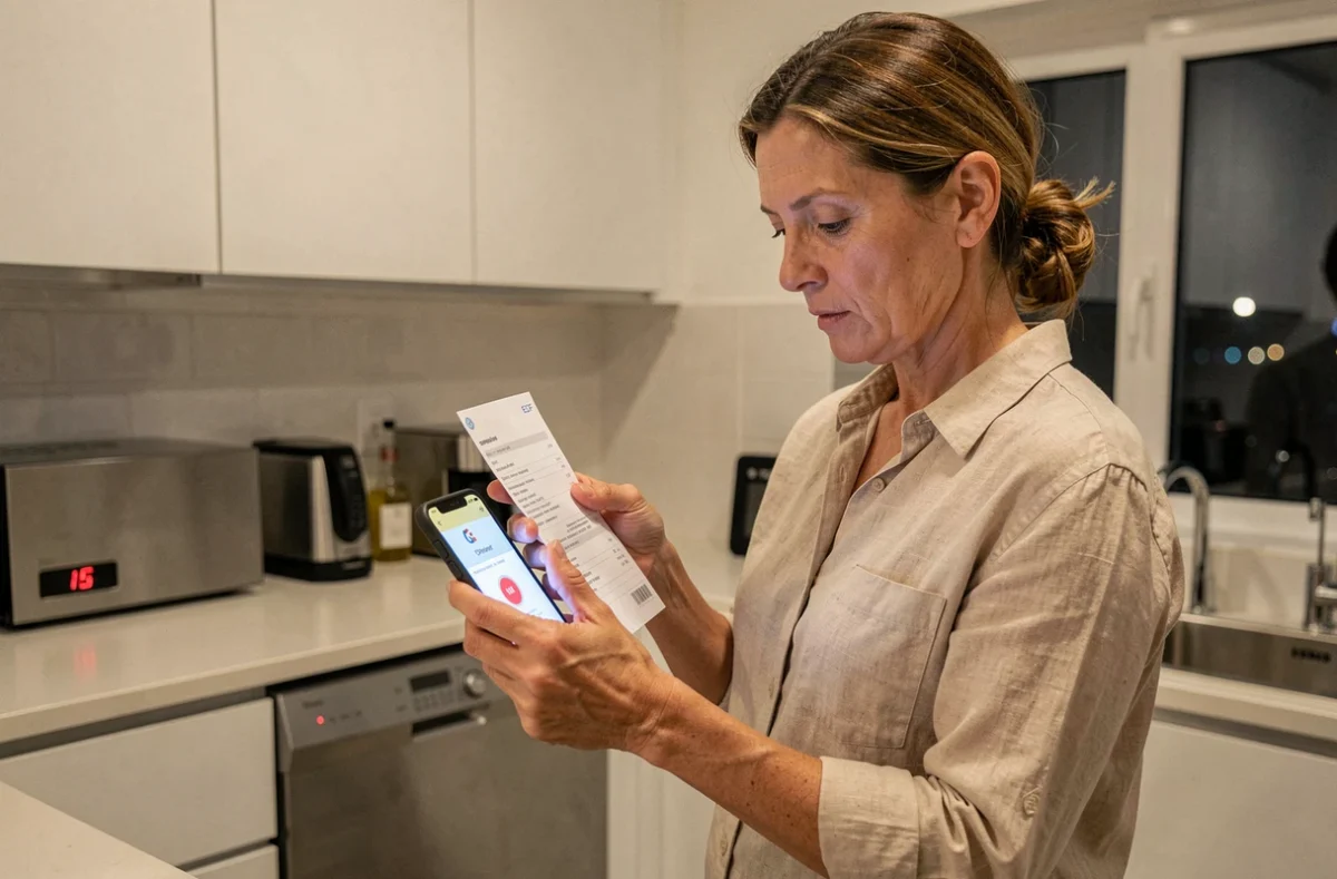 Femme consultant sa facture EDF et les horaires heures creuses sur smartphone dans une cuisine moderne la nuit