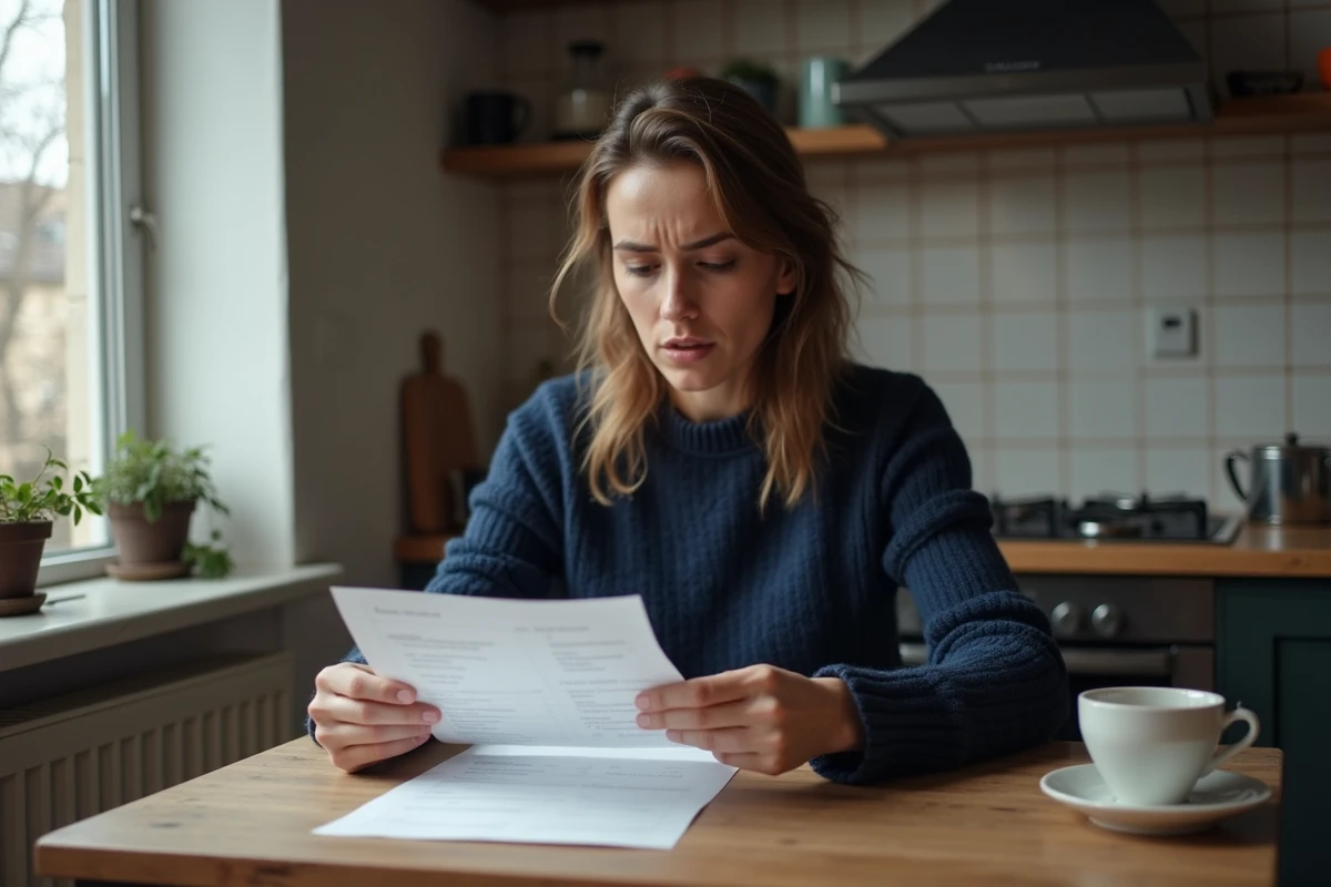 Femme consultant sa fiche de paie à mi-temps dans une cuisine modeste, illustrant le salaire net au SMIC pour 25 heures par semaine