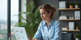 Femme concentrée analysant un graphique financier dans son bureau