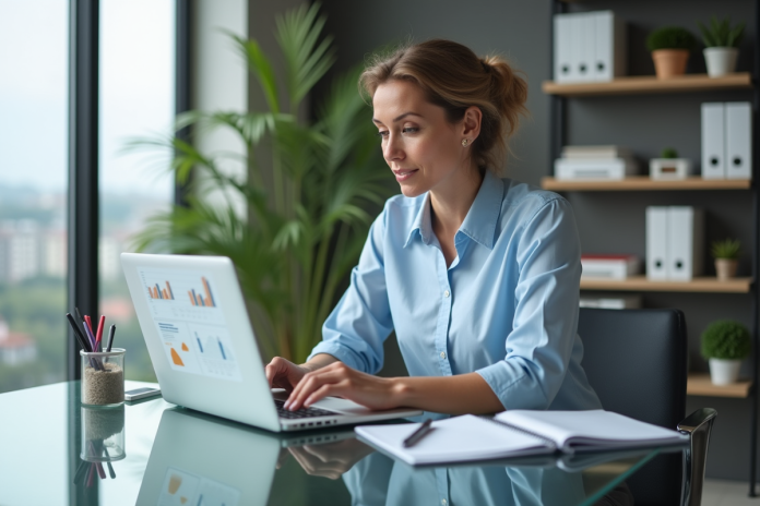 femme-finance-bureau Femme concentrée analysant un graphique financier dans son bureau